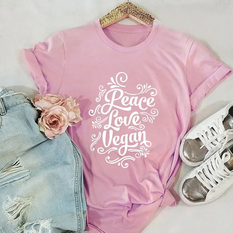 Pink Vegan T-Shirt with "Peace Love" Design - Image 5