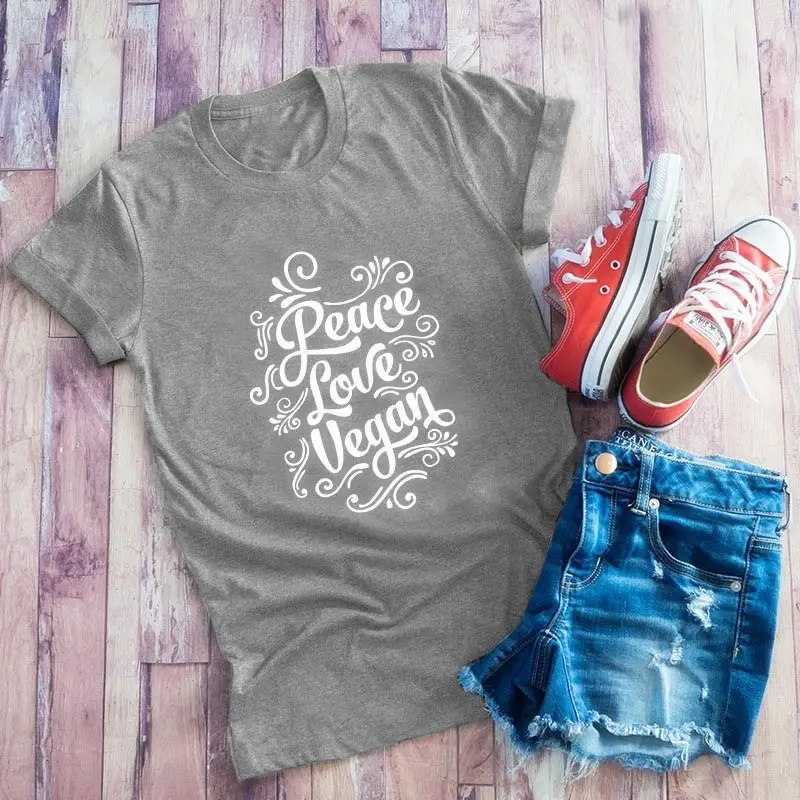 Pink Vegan T-Shirt with "Peace Love" Design - Image 2