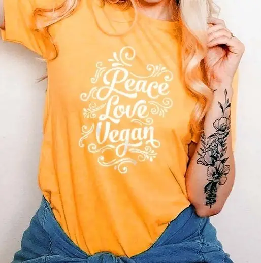 Pink Vegan T-Shirt with "Peace Love" Design - Image 4