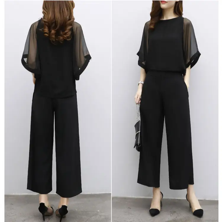 Black Korean Style Women's 2-Piece Suit Wide Leg Pants Top - Image 4