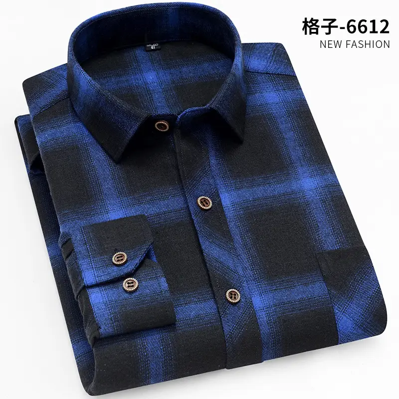 Men's Plaid Long Sleeve Shirt Blue Brown Grid Large - Image 29