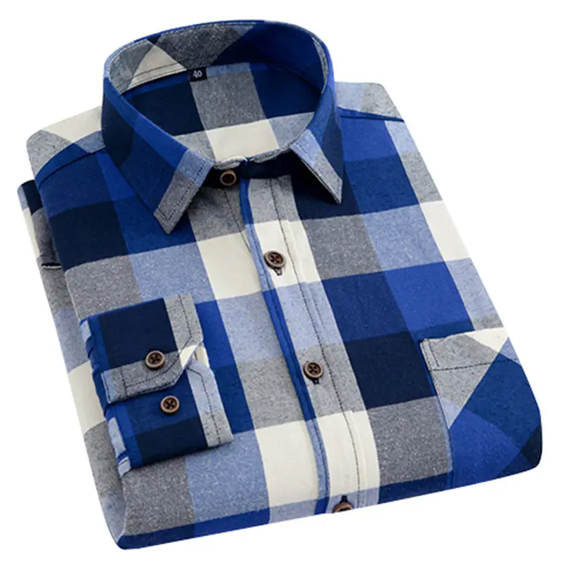 Men's Plaid Long Sleeve Shirt Blue Brown Grid Large - Image 30