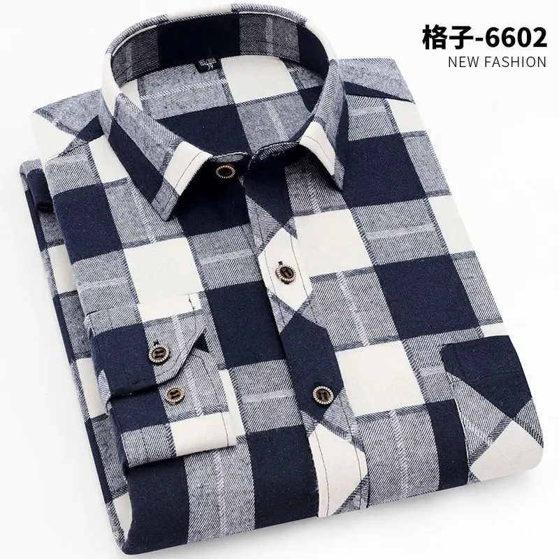 Men's Plaid Long Sleeve Shirt Blue Brown Grid Large - Image 2
