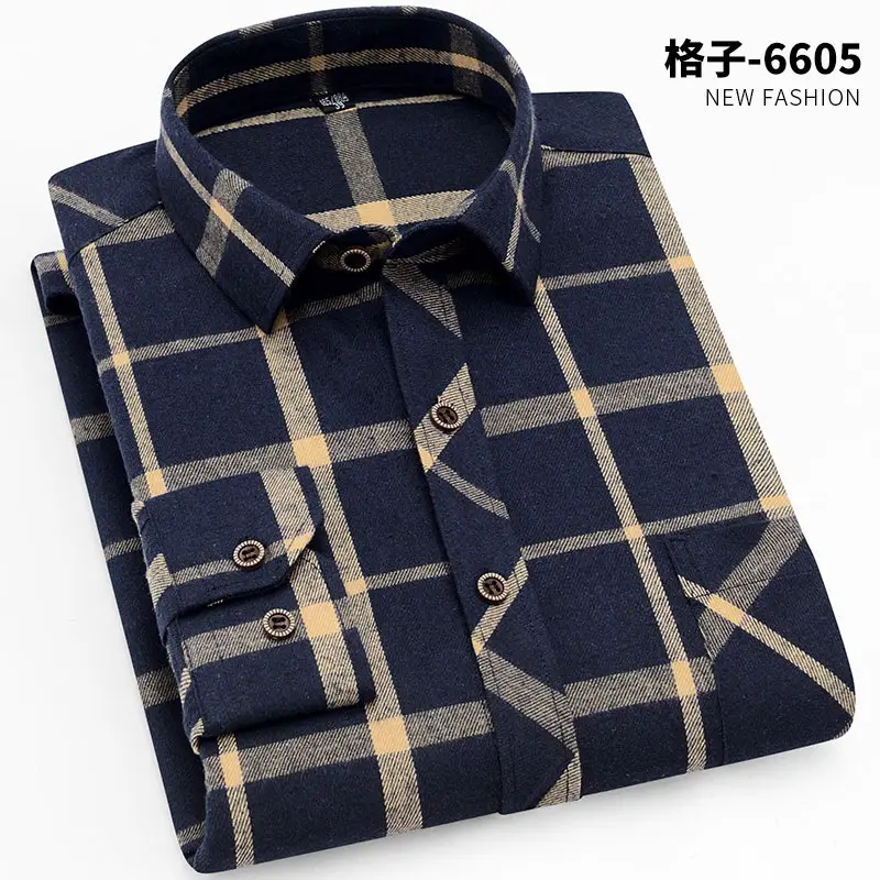 Men's Plaid Long Sleeve Shirt Blue Brown Grid Large - Image 4