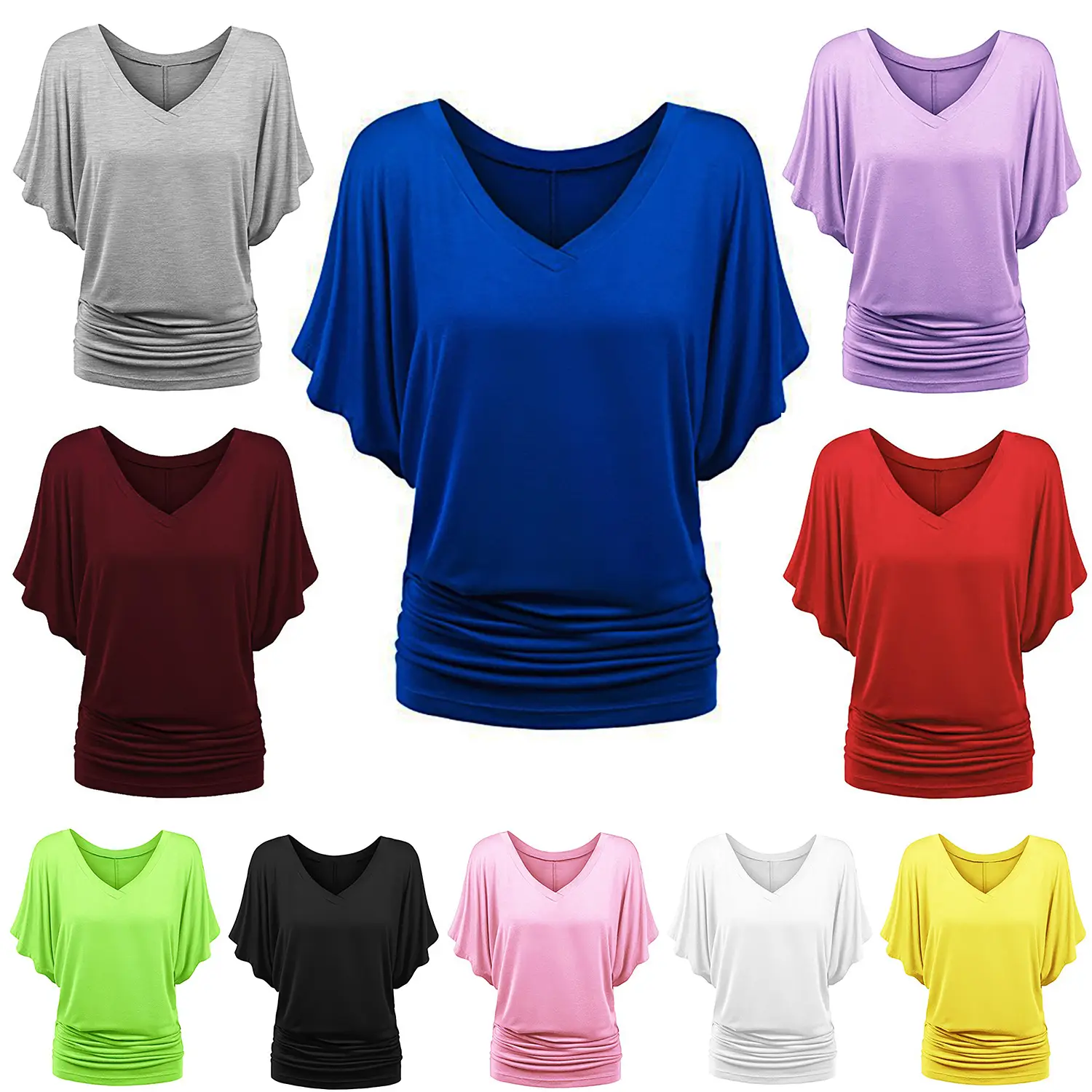 Women's Red V Neck Bat Short Sleeve T-Shirt - Image 11