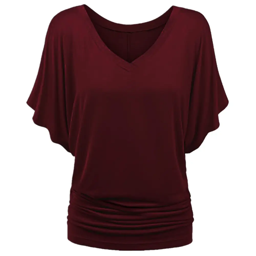 Women's Red V Neck Bat Short Sleeve T-Shirt - Image 14