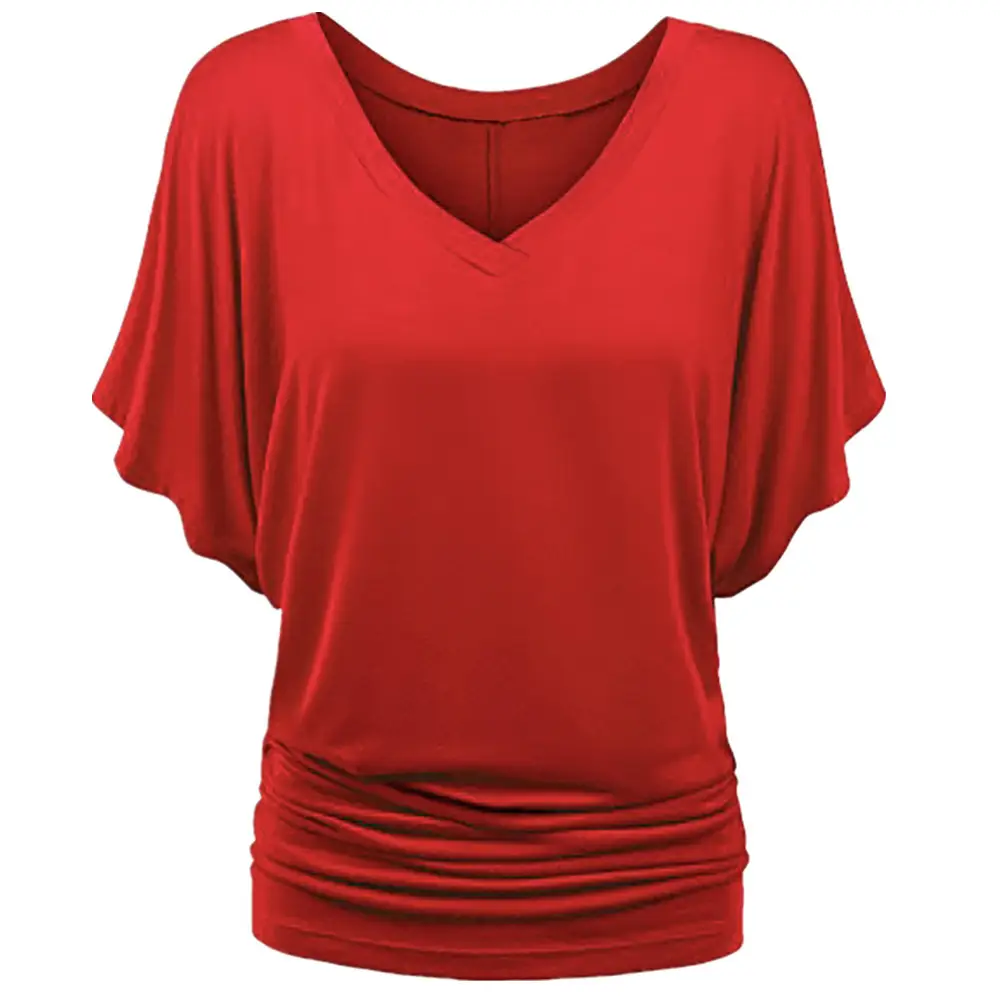 Women's Red V Neck Bat Short Sleeve T-Shirt - Image 15