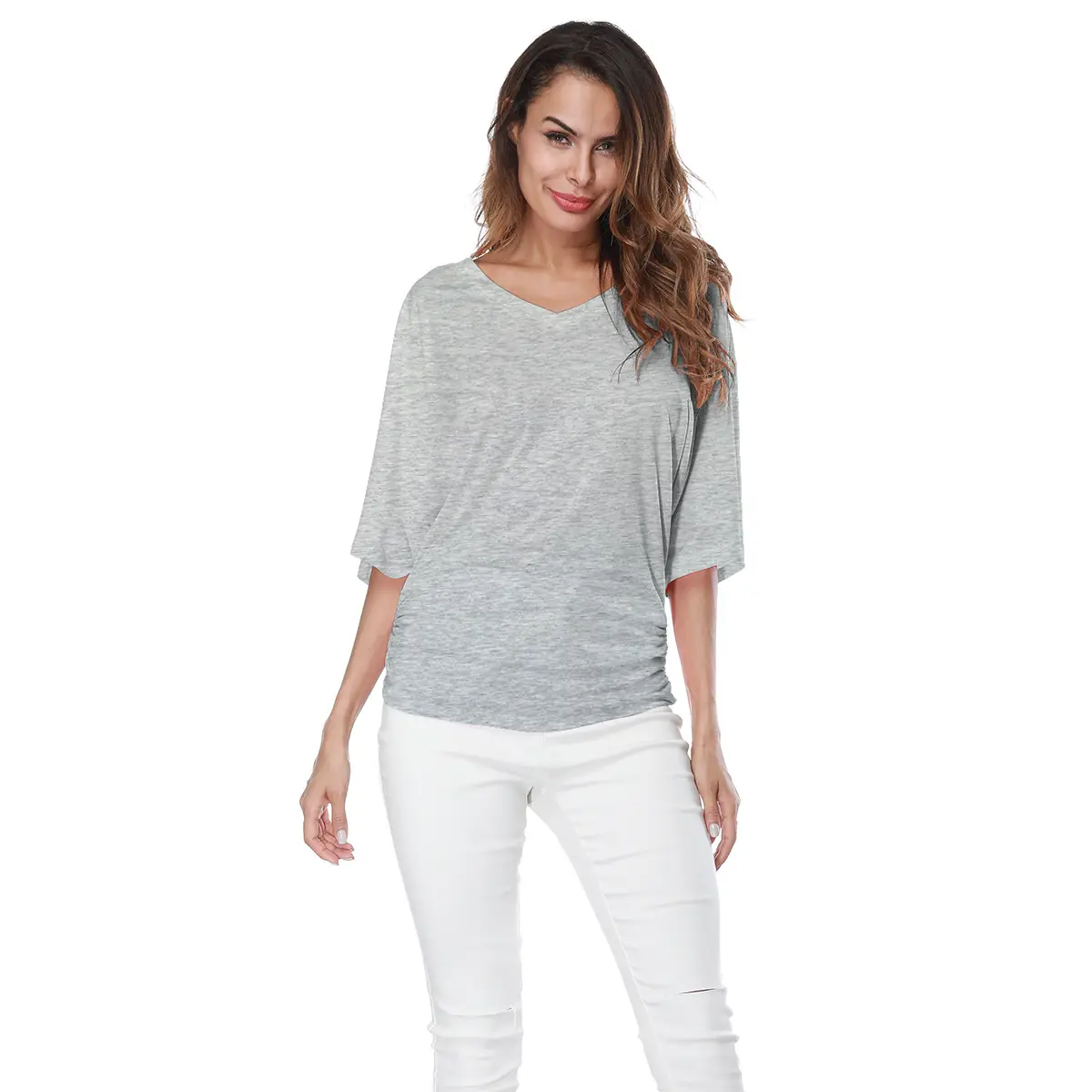 Women's Red V Neck Bat Short Sleeve T-Shirt - Image 3