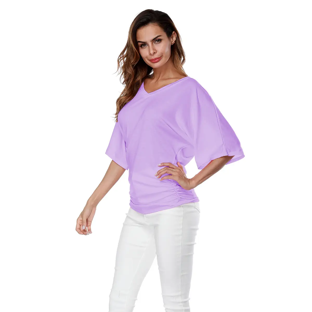 Women's Red V Neck Bat Short Sleeve T-Shirt - Image 4