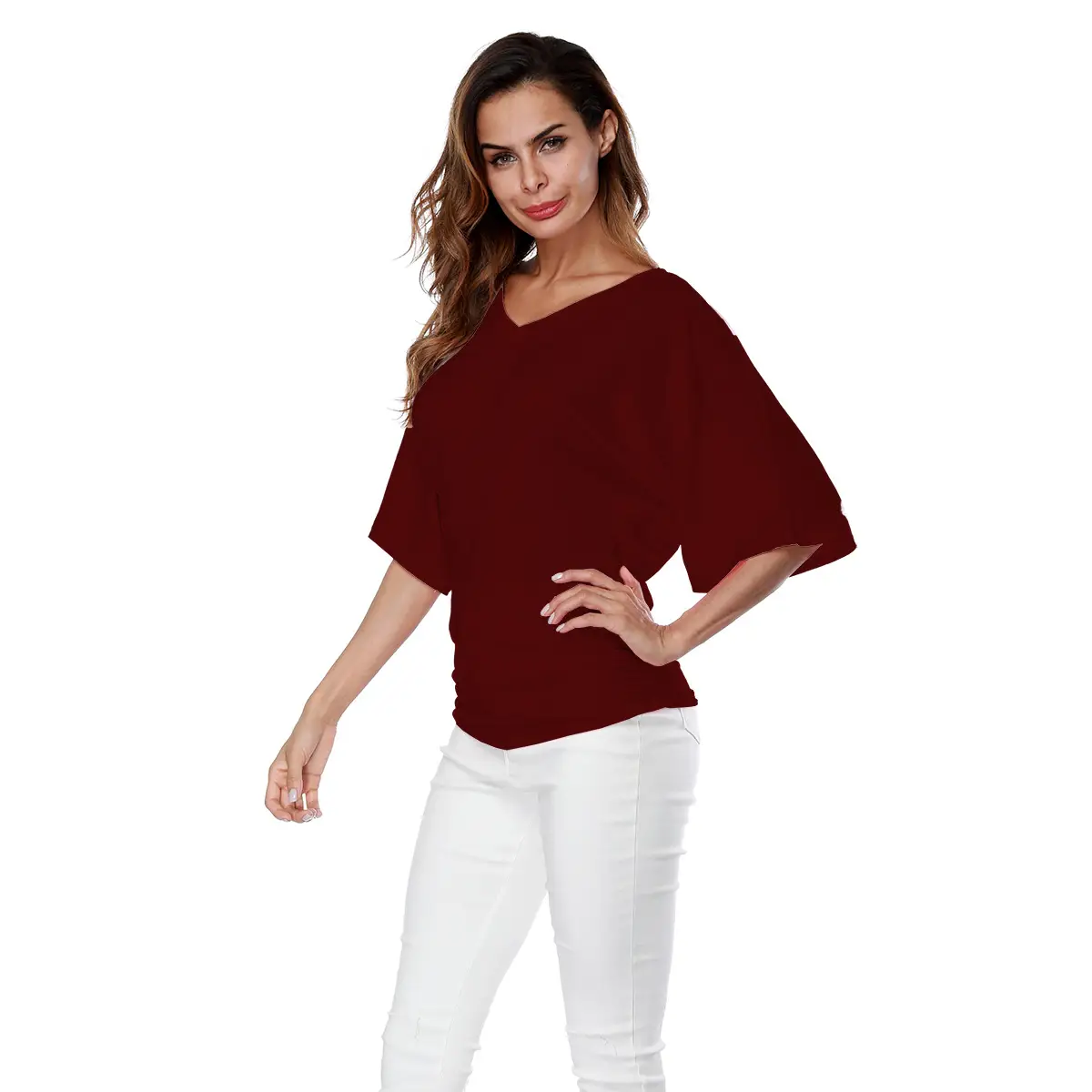 Women's Red V Neck Bat Short Sleeve T-Shirt - Image 10