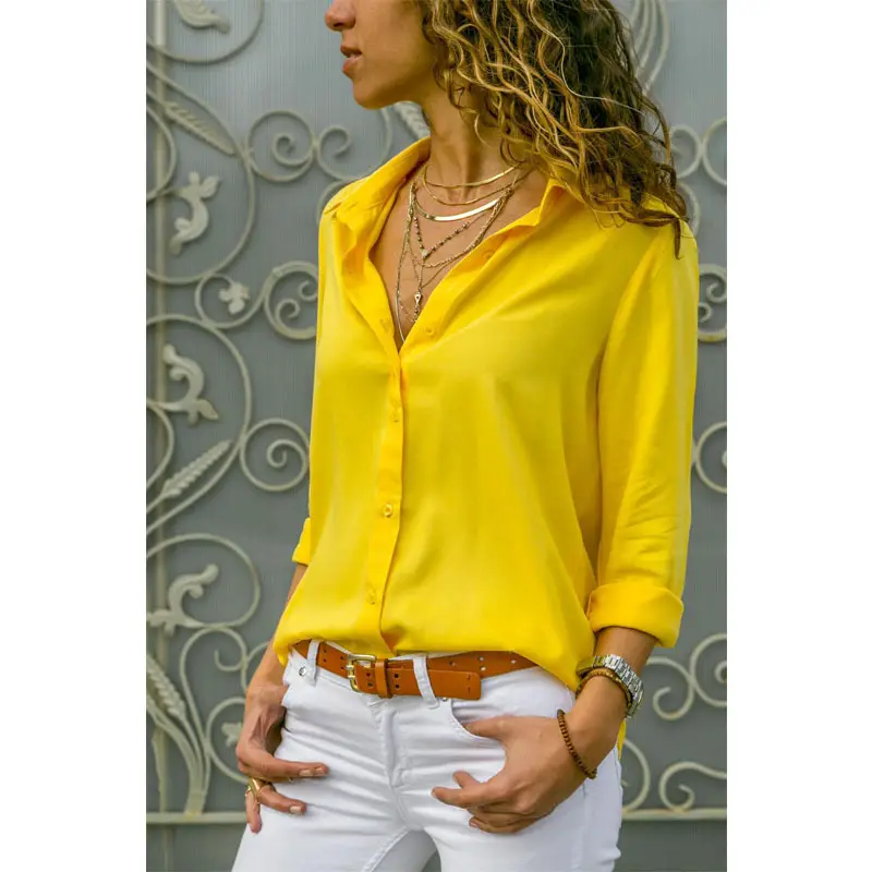 Women's Yellow Chiffon Button Shirt with Deep V Neck - Image 11