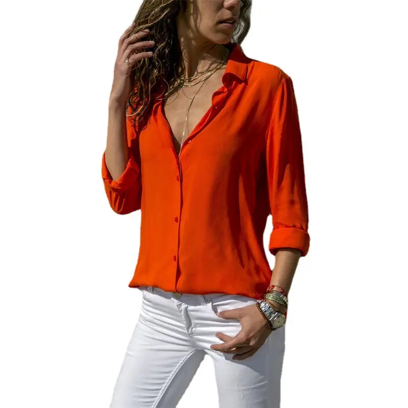 Women's Yellow Chiffon Button Shirt with Deep V Neck - Image 13