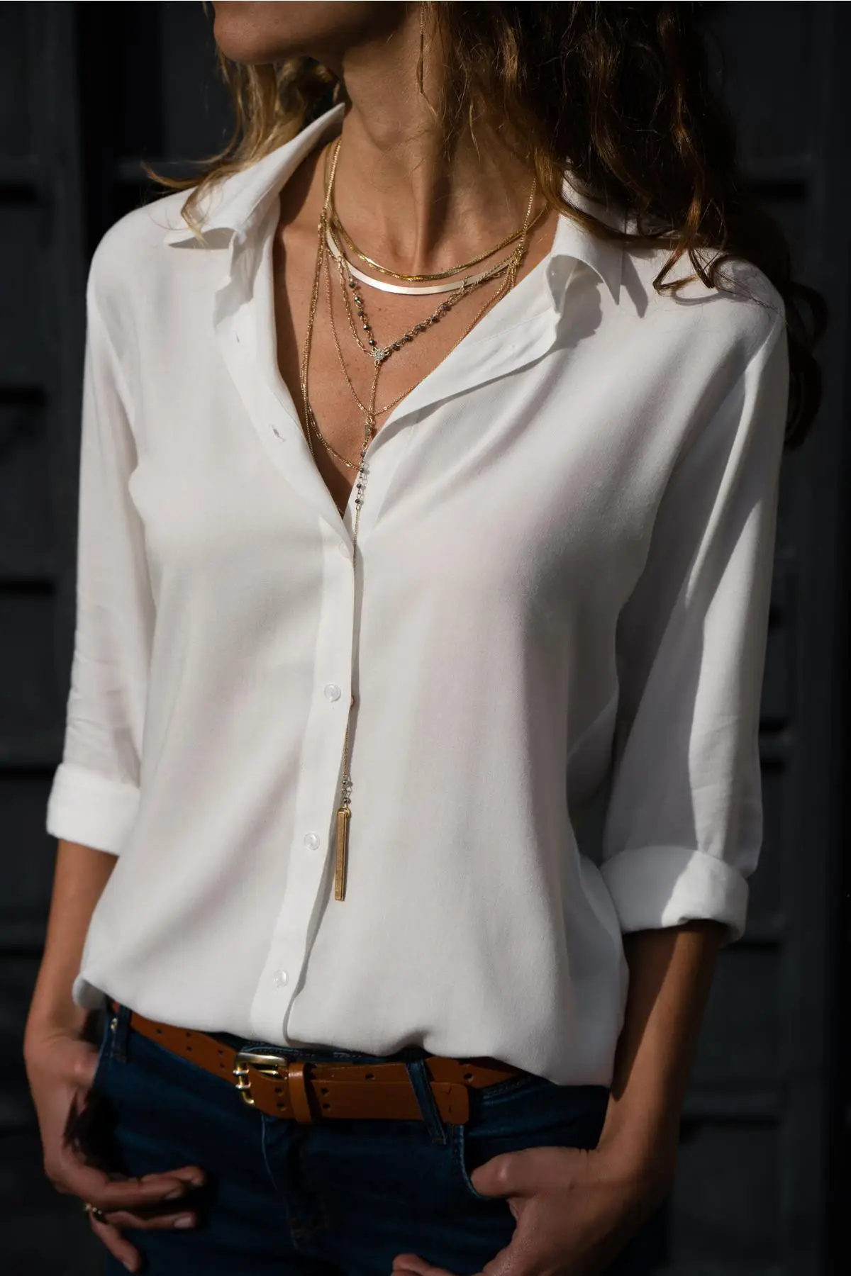 Women's Yellow Chiffon Button Shirt with Deep V Neck — feature 18