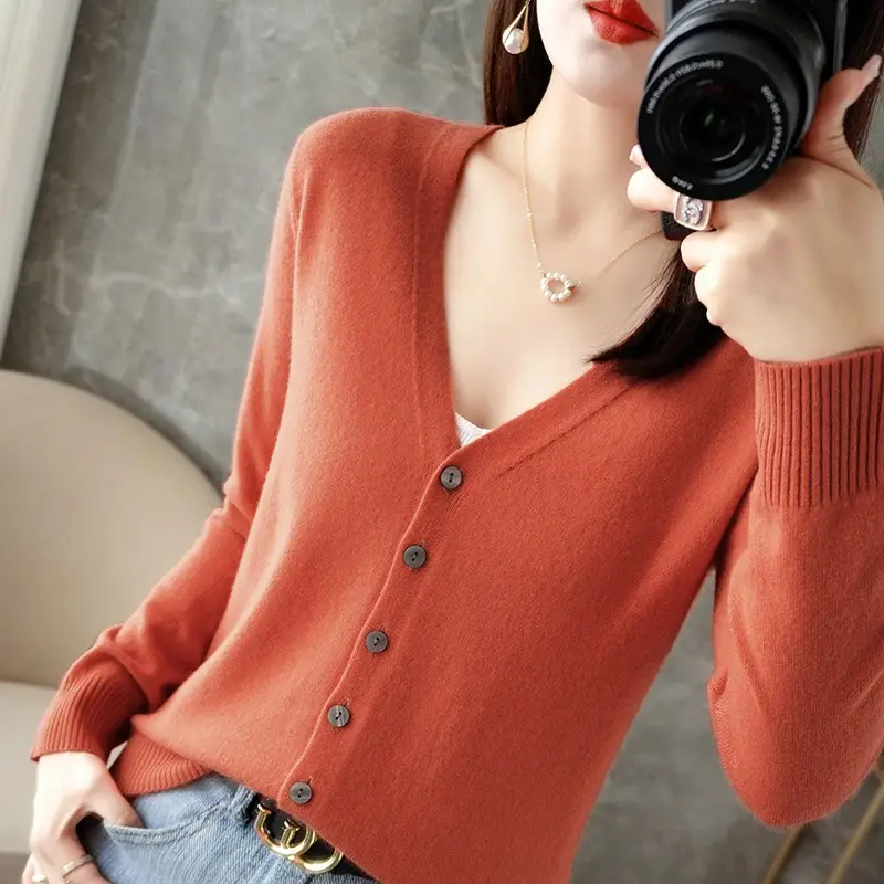 Women's Orange Knitted Long Sleeve Cardigan Large - Image 6