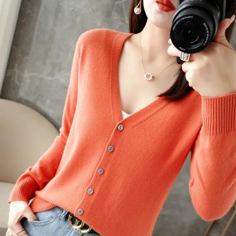 Women's Orange Knitted Long Sleeve Cardigan Large - Image 9