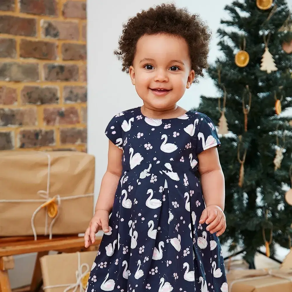 Blue Swan Print Girl's Lady Short Sleeve Dress - Image 2