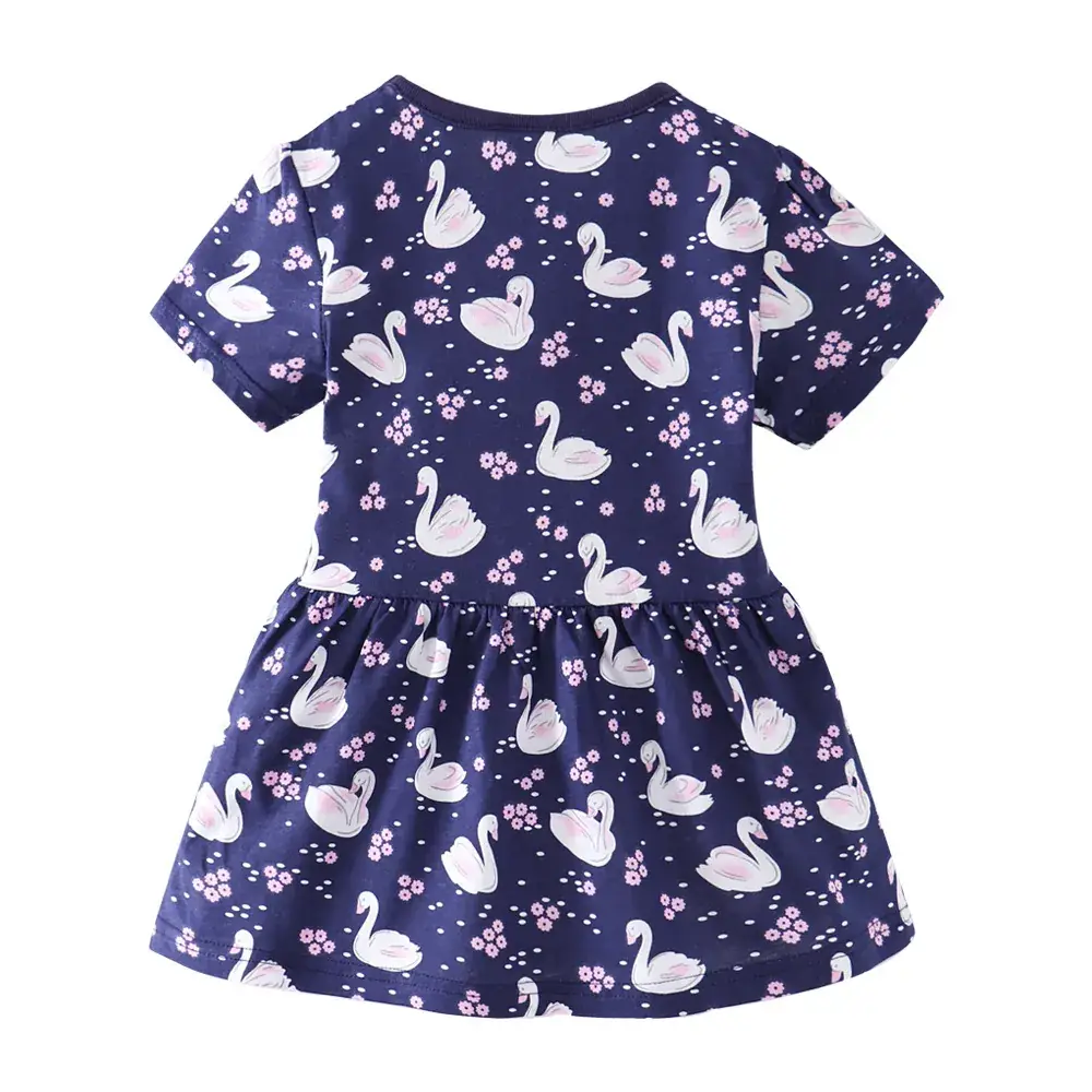 Blue Swan Print Girl's Lady Short Sleeve Dress - Image 3