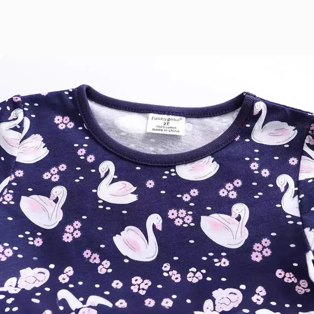 Blue Swan Print Girl's Lady Short Sleeve Dress - Image 4