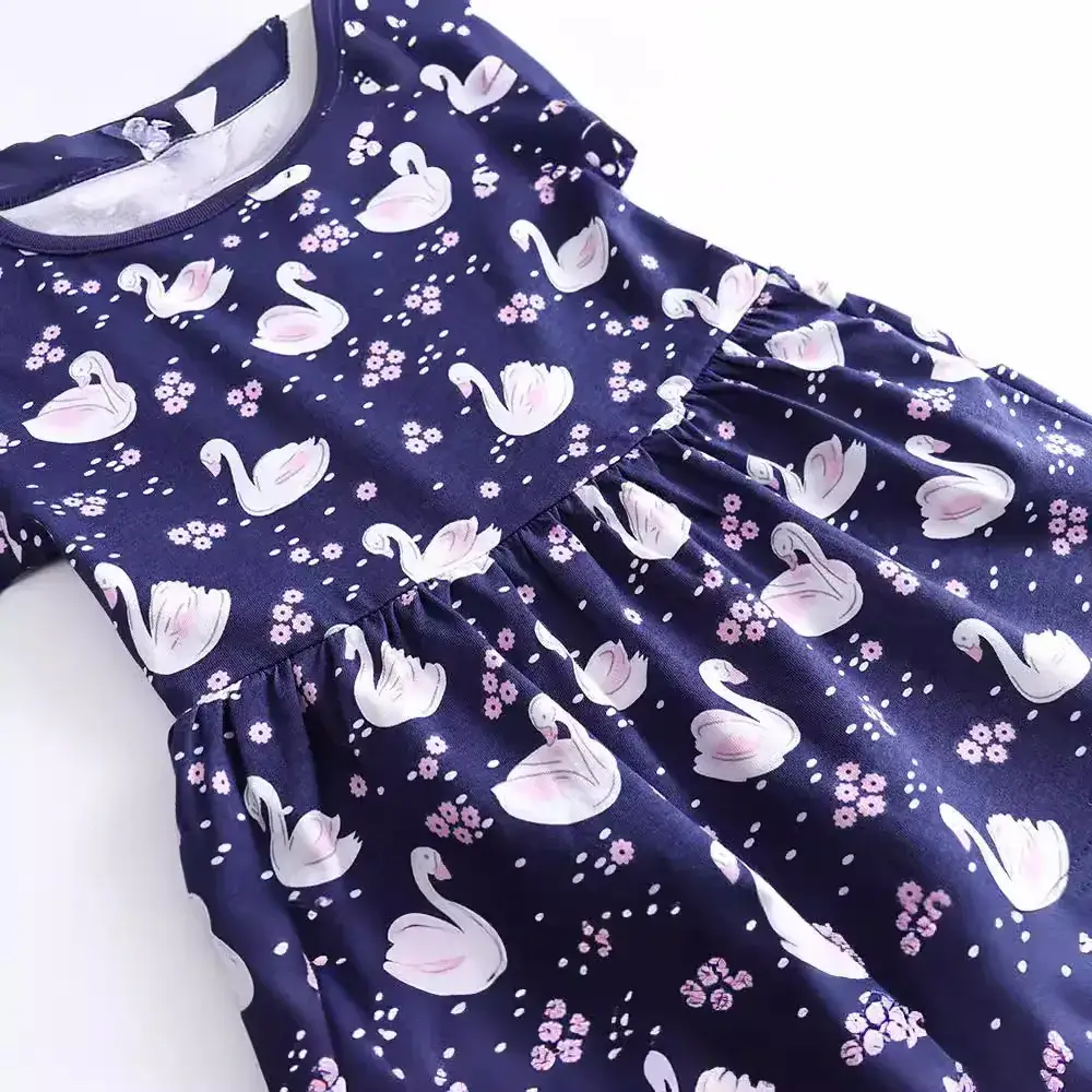 Blue Swan Print Girl's Lady Short Sleeve Dress - Image 5