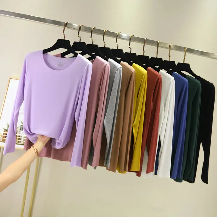 Women Long-sleeve T-shirt Modal Crewneck Black to Multi Color - Image 14