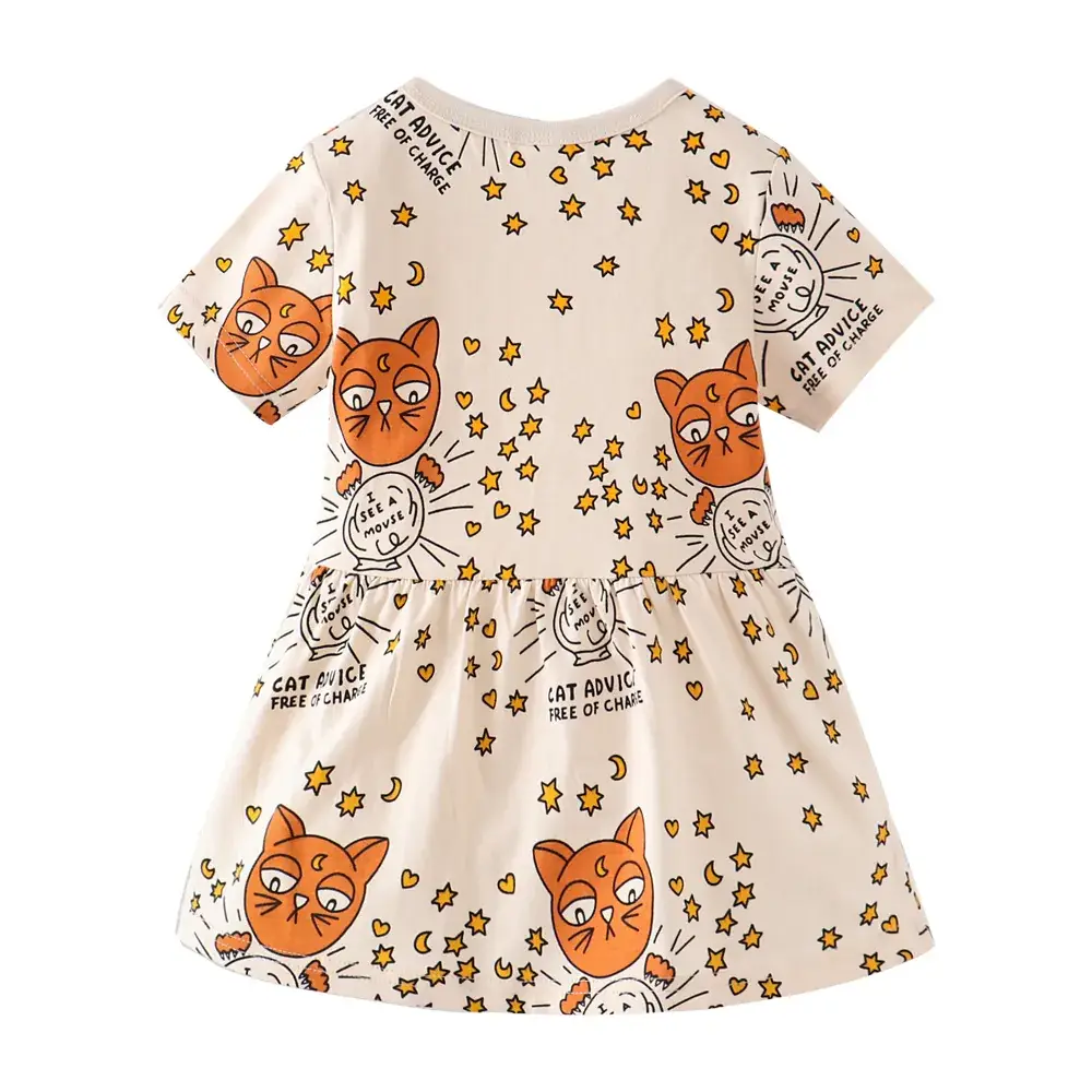 Cute Cat Print Short Sleeve Girls Dress - Image 2