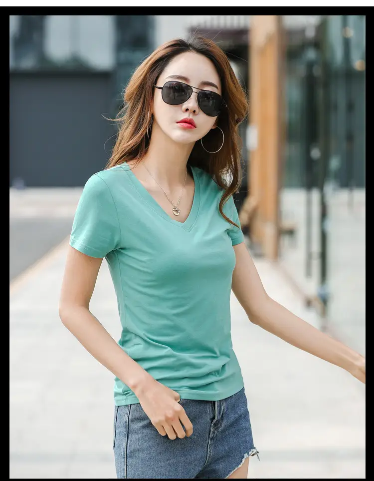Women V-Neck Slim Fit T-Shirt Mint Green — feature 26