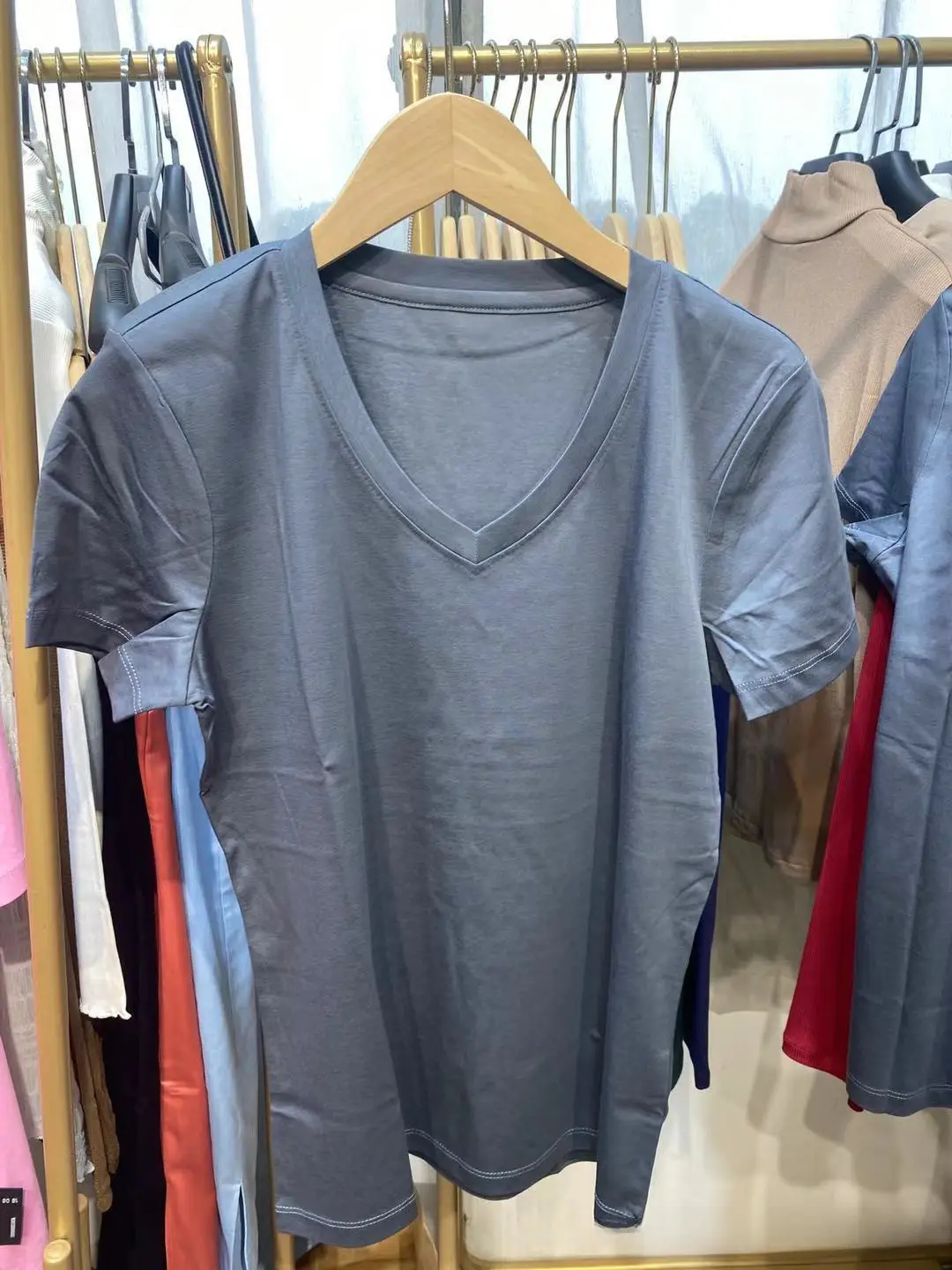 Women Mercerized Cotton V Neck T-Shirt Yellow - Image 28
