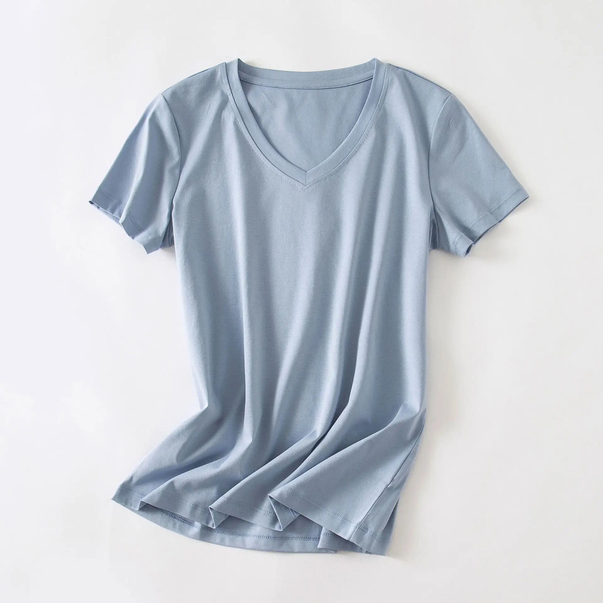 Women Mercerized Cotton V Neck T-Shirt Yellow - Image 13