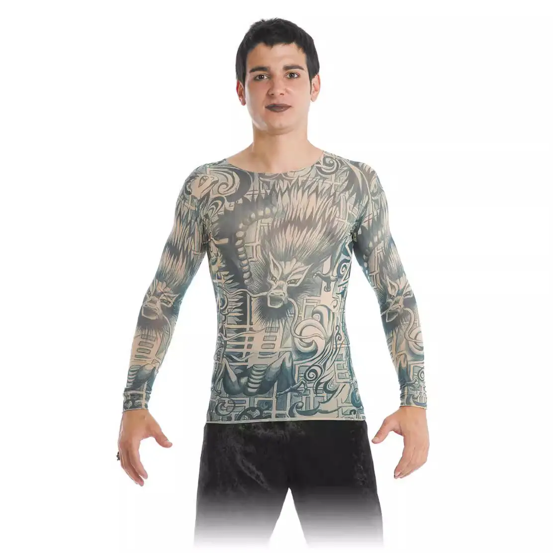 Women Long Sleeve Tattoo T-Shirt Green Geometric Design - Image 5