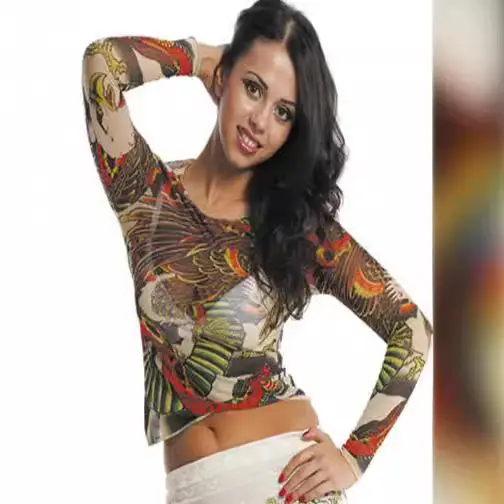 Women Long Sleeve Tattoo T-Shirt Green Geometric Design - Image 7