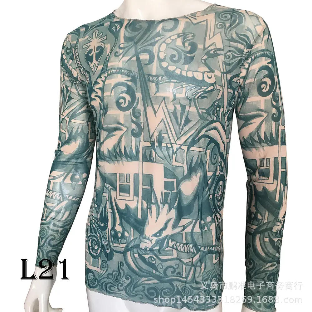 Women Long Sleeve Tattoo T-Shirt Green Geometric Design - Image 3
