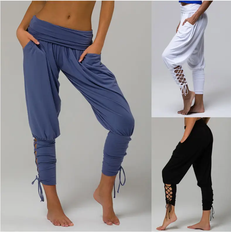 Women's Grey High Waist Leggings with Lace Trim - Image 2