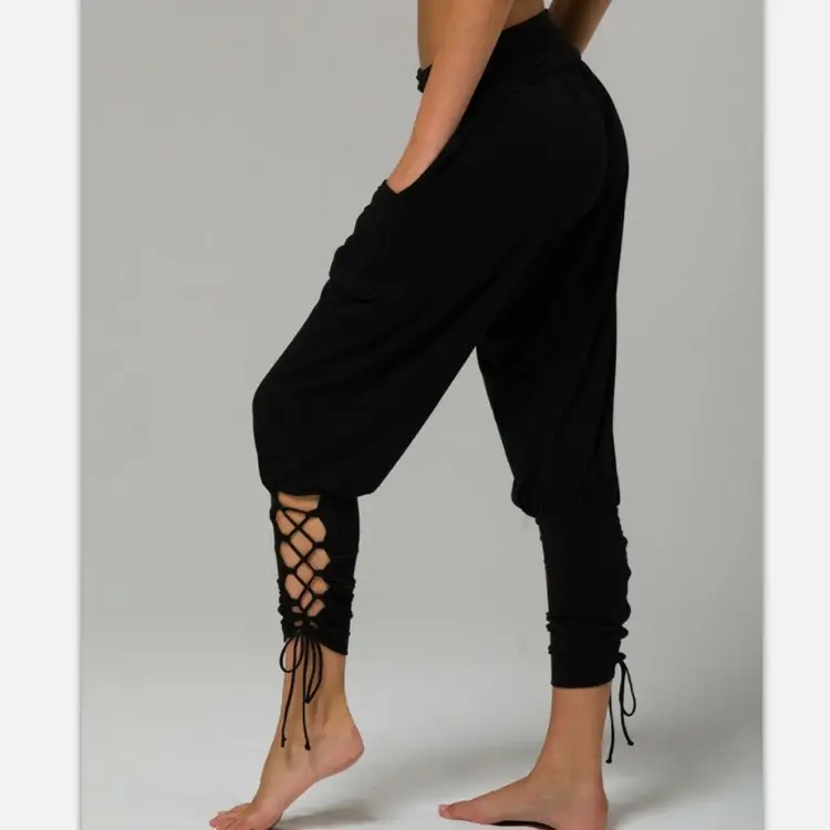 Women's Grey High Waist Leggings with Lace Trim - Image 3