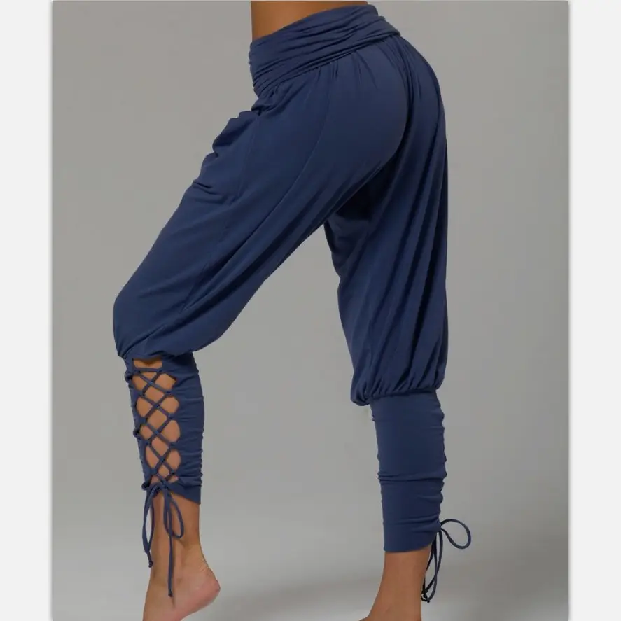 Women's Grey High Waist Leggings with Lace Trim - Image 4