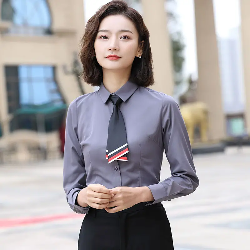 Women Long Sleeve Shirt White Embroidered LOGO Business Wear