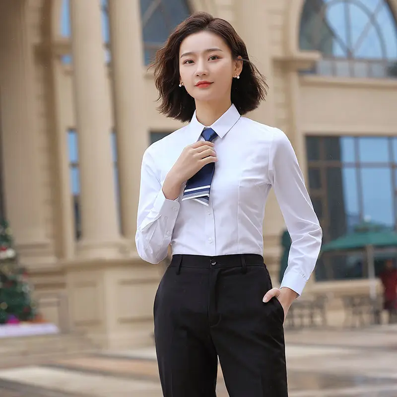 Women Long Sleeve Shirt White Embroidered LOGO Business Wear