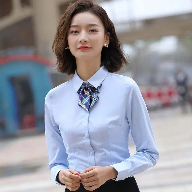 Women Long Sleeve Shirt White Embroidered LOGO Business Wear