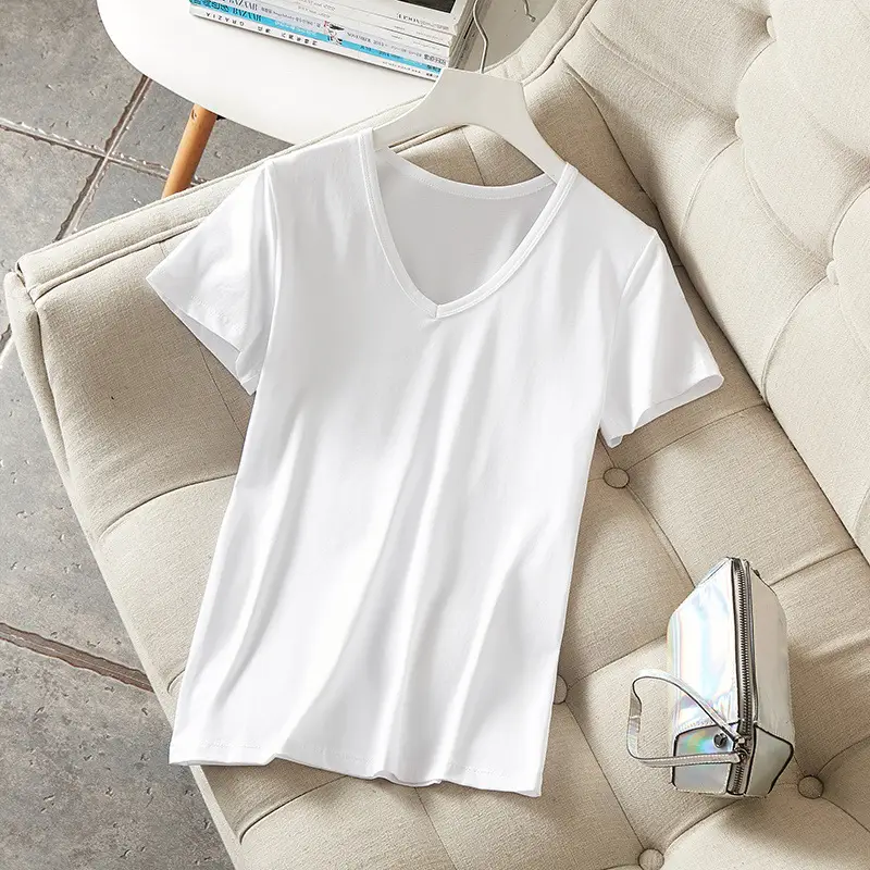 Women's Black V-Neck T-Shirt Short Sleeve Mercerized Cotton