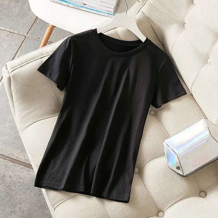 Women's Black V-Neck T-Shirt Short Sleeve Mercerized Cotton