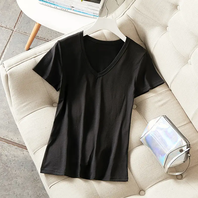 Women's Black V-Neck T-Shirt Short Sleeve Mercerized Cotton