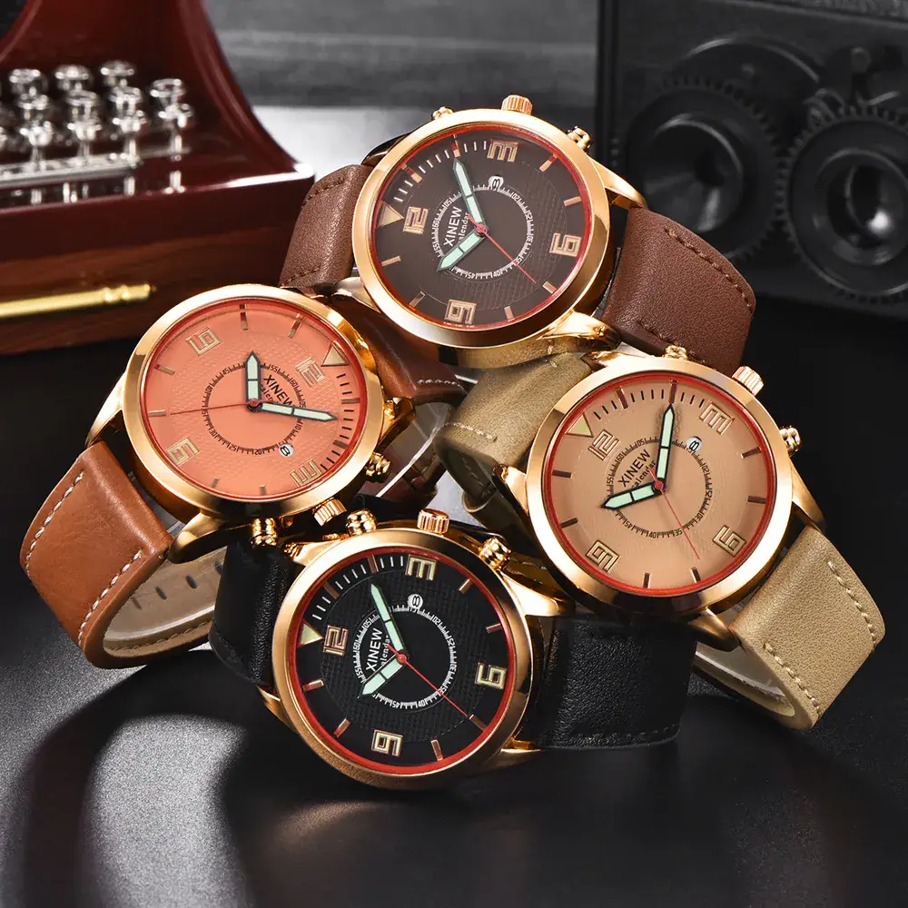 Men's Gold Leather Date Watch Quartz Wristwatch - Image 7