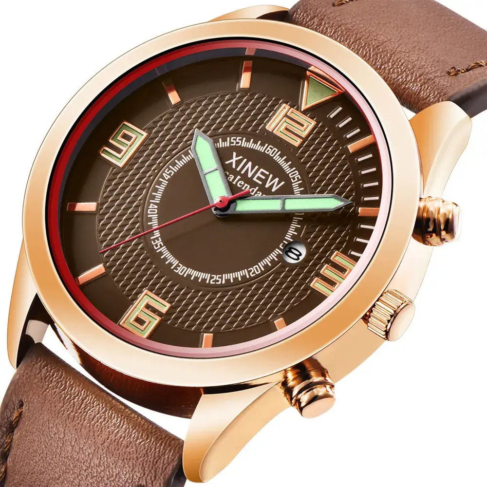 Men's Gold Leather Date Watch Quartz Wristwatch - Image 8