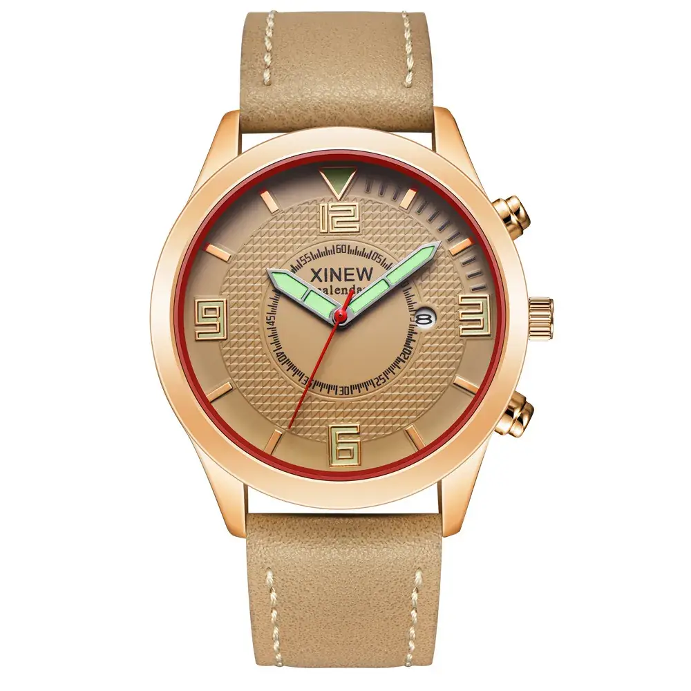Men's Gold Leather Date Watch Quartz Wristwatch - Image 2