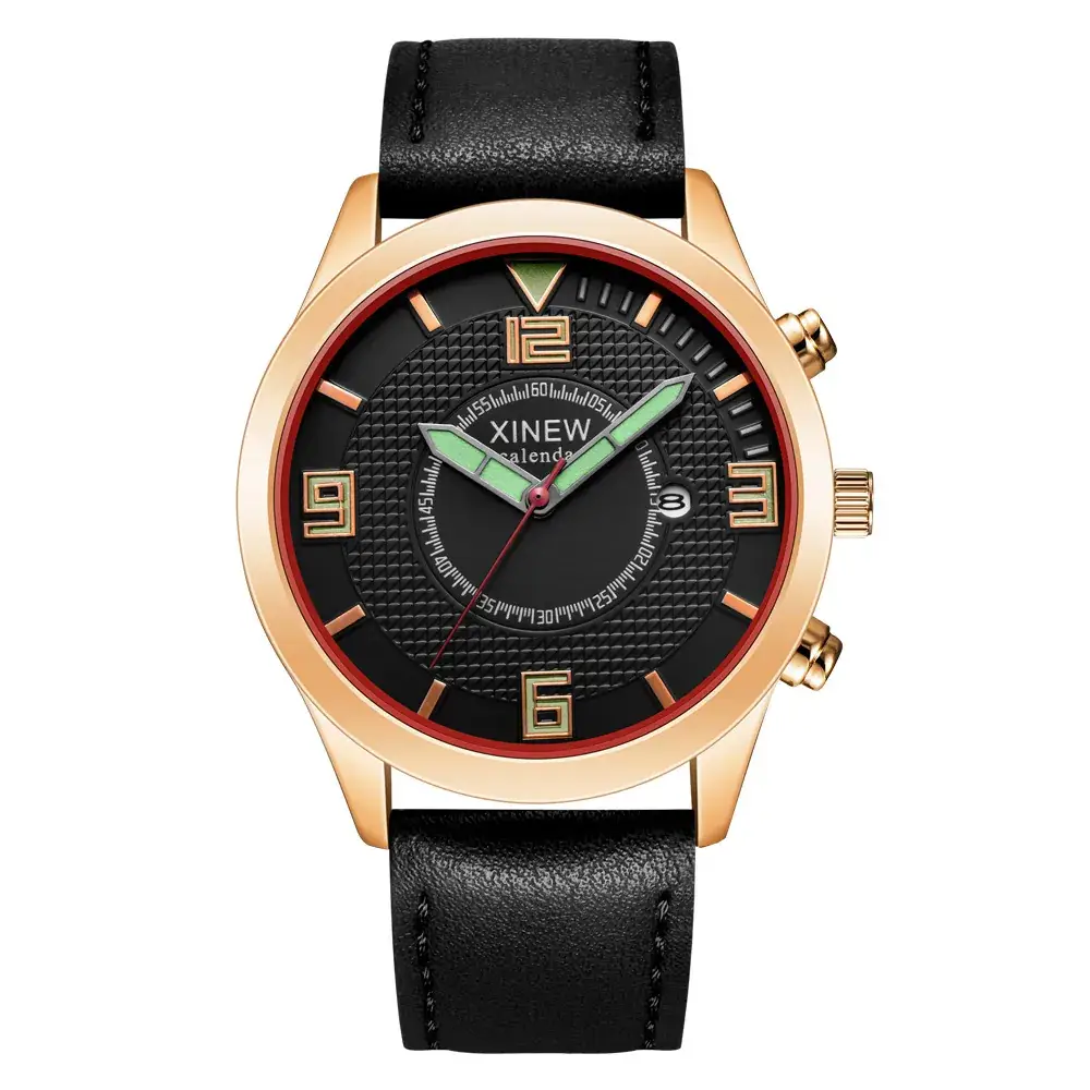 Men's Gold Leather Date Watch Quartz Wristwatch - Image 3