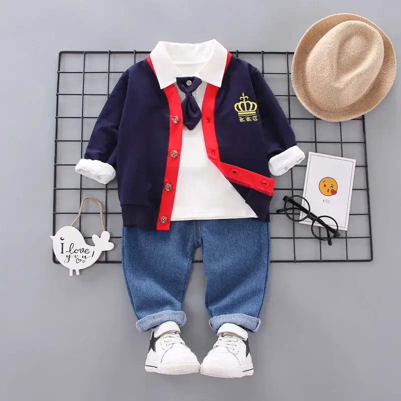 Kids Korean Style Hooded 3-Piece Suit Blue White - Image 5