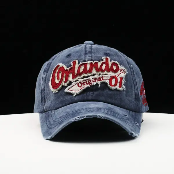 Korean Style Distressed Denim Peaked Cap with Embroidered Logo - Image 7