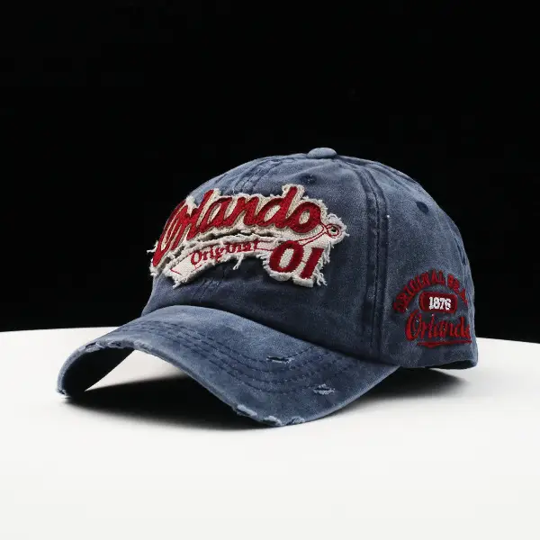 Korean Style Distressed Denim Peaked Cap with Embroidered Logo — feature 4
