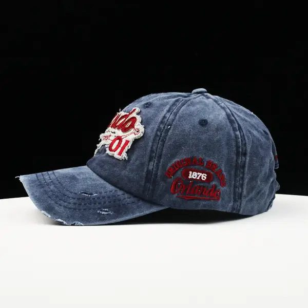 Korean Style Distressed Denim Peaked Cap with Embroidered Logo — feature 7