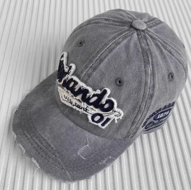 Korean Style Distressed Denim Peaked Cap with Embroidered Logo - Image 5