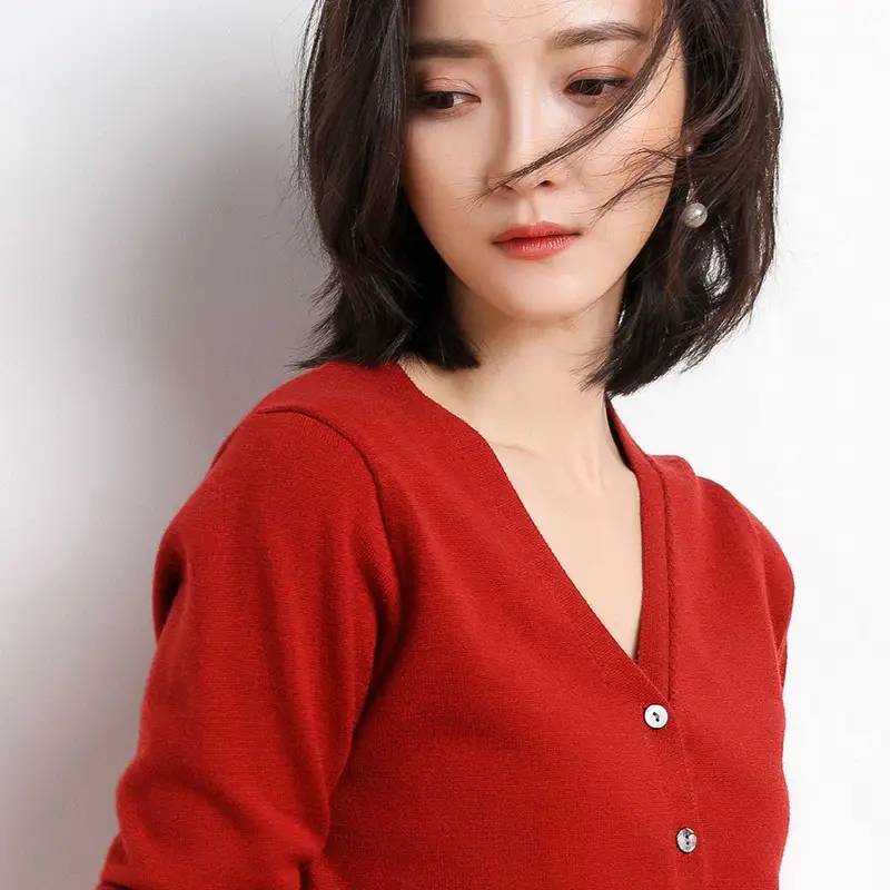 Women Red Long Sleeve Knitted Cardigan Large - Image 12